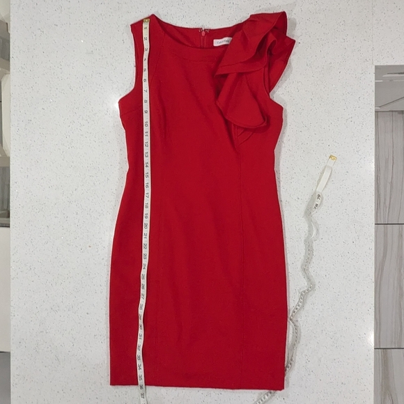 Calvin Klein Woman Red Sheath Dress Knee Length Sleeveless Ruffle Formal 8P - Picture 6 of 12